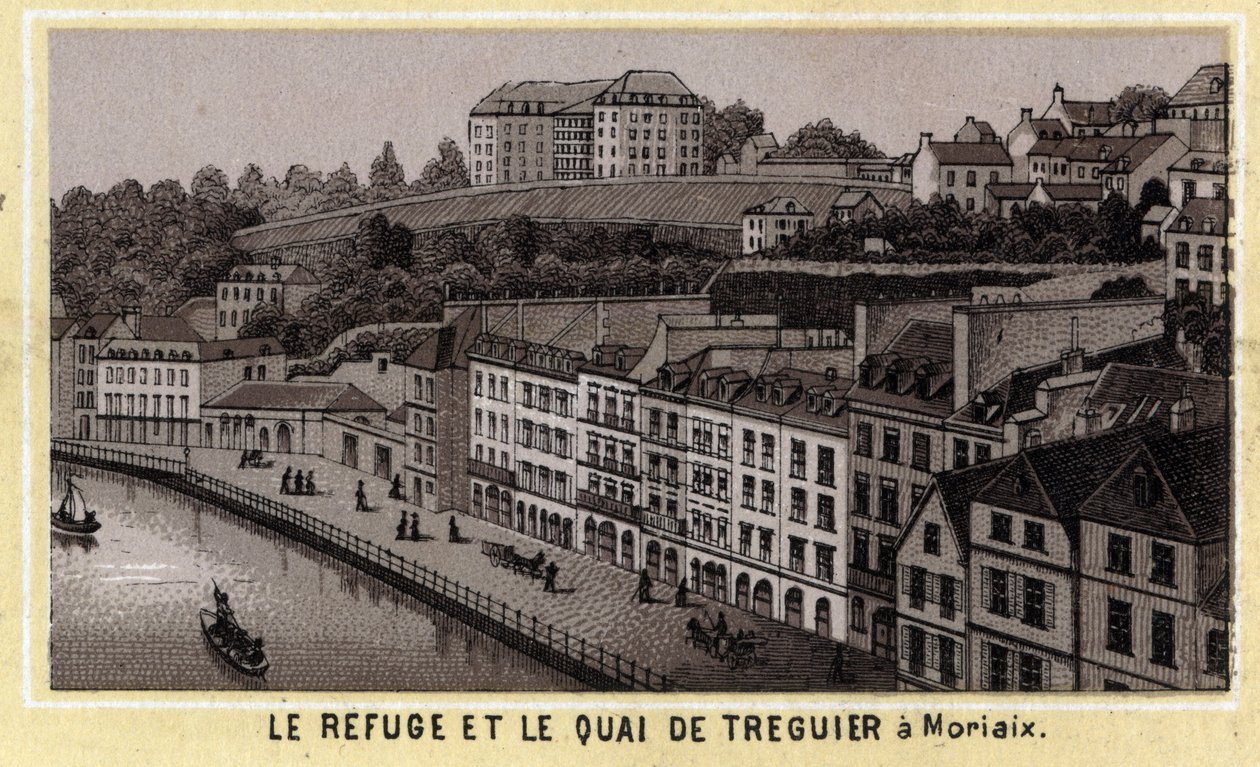 Tillflykten och kajen i Treguier i Morlaix (Finistere, regionen Bretagne). Kromolitografi från slutet av 1800-talet. av Unknown artist
