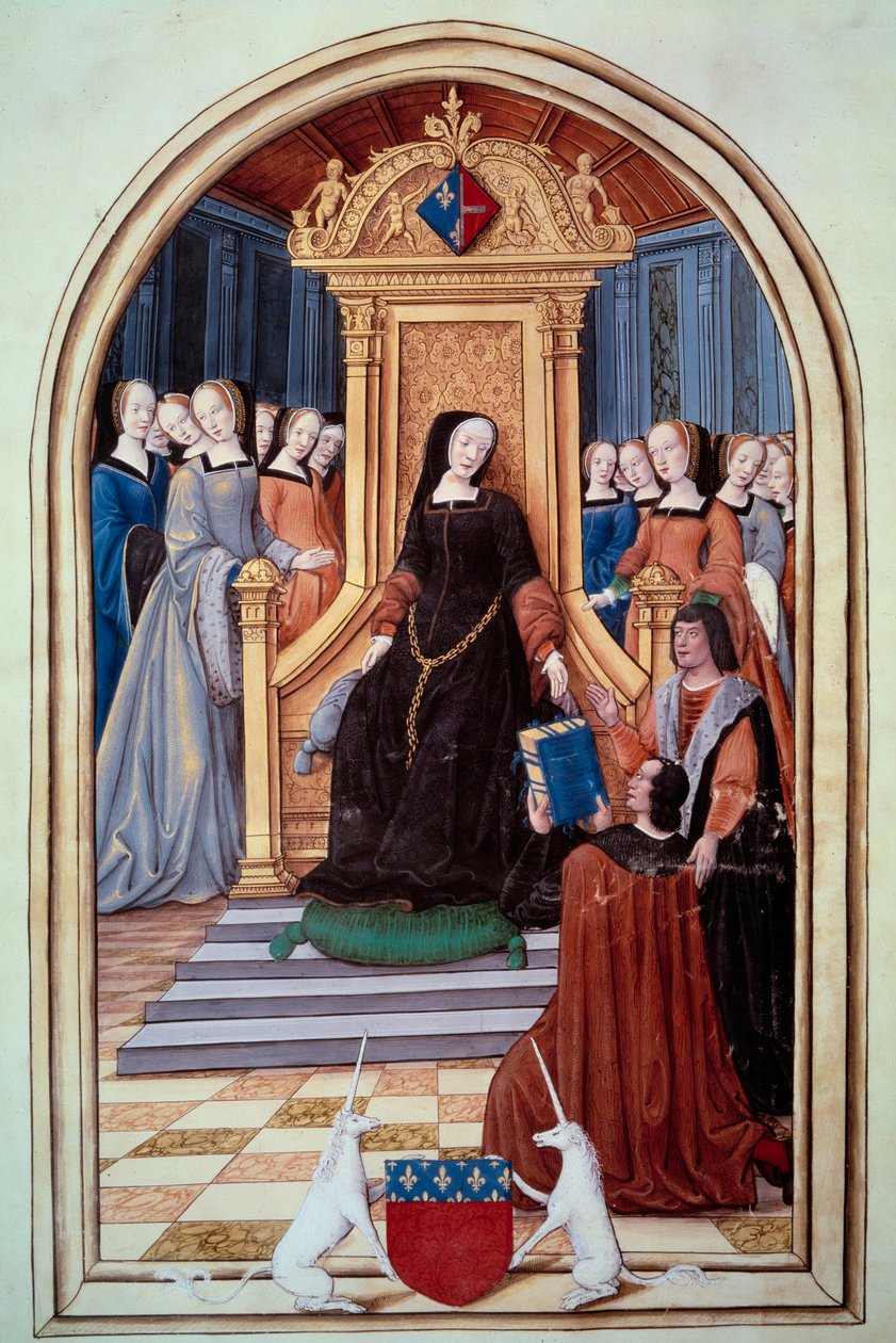 Regenten av Frankrike Louise de Savoie (1476-1531) fick två echeviners bok från staden Amiens. I förgrunden Amiens vapen. Kungliga målningar och sånger av Puy Jam Notre Dame d