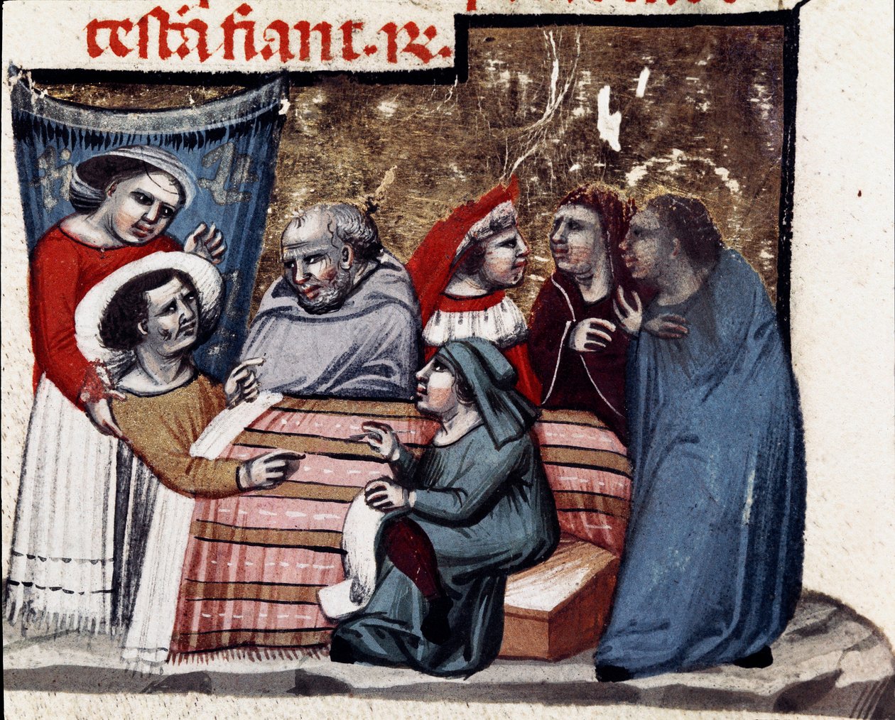 Upprepningen av testamentet vid sängkanten av den sjuka miniatyren från Justinian Code (Codex Justinianus), en samling lagar och institutioner publicerade under den romerske kejsaren Justinian I av Byzantium (483-565) av Unknown artist