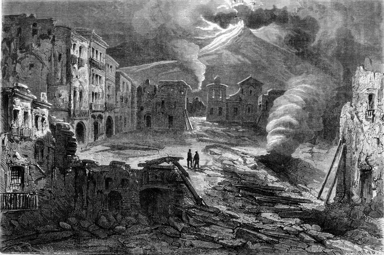 Resten av Piazza de Torre del Greco under utbrottet av Vesuvius den 8/12/1861. av Unknown artist