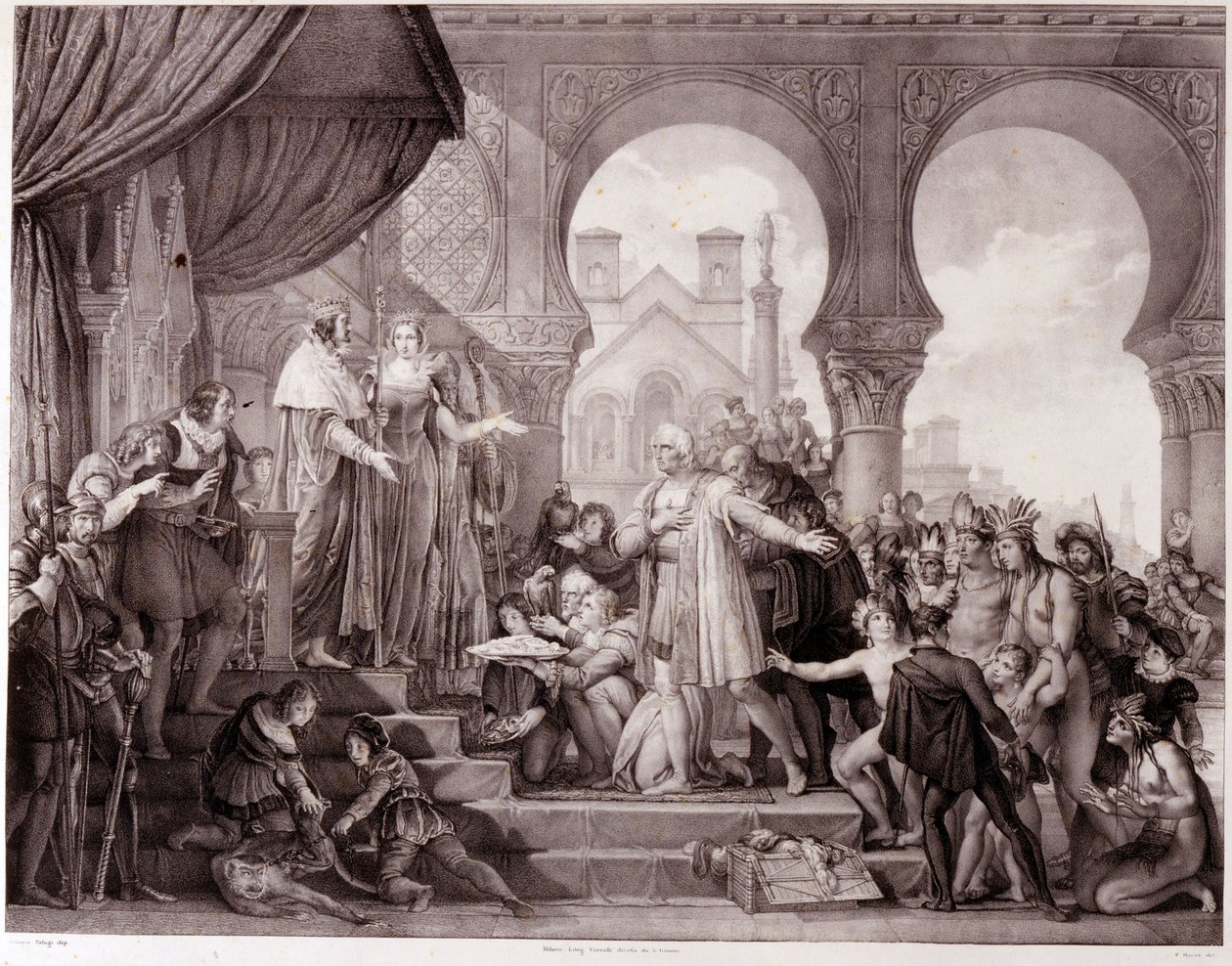 Christopher Columbus återkomst till Spanien före kung Ferdinand II av Aragon och Isabella 1:a av Kastilien (kallad katolik) efter att ha upptäckt Amerika. Gravyr av 1800-talet. av Unknown artist