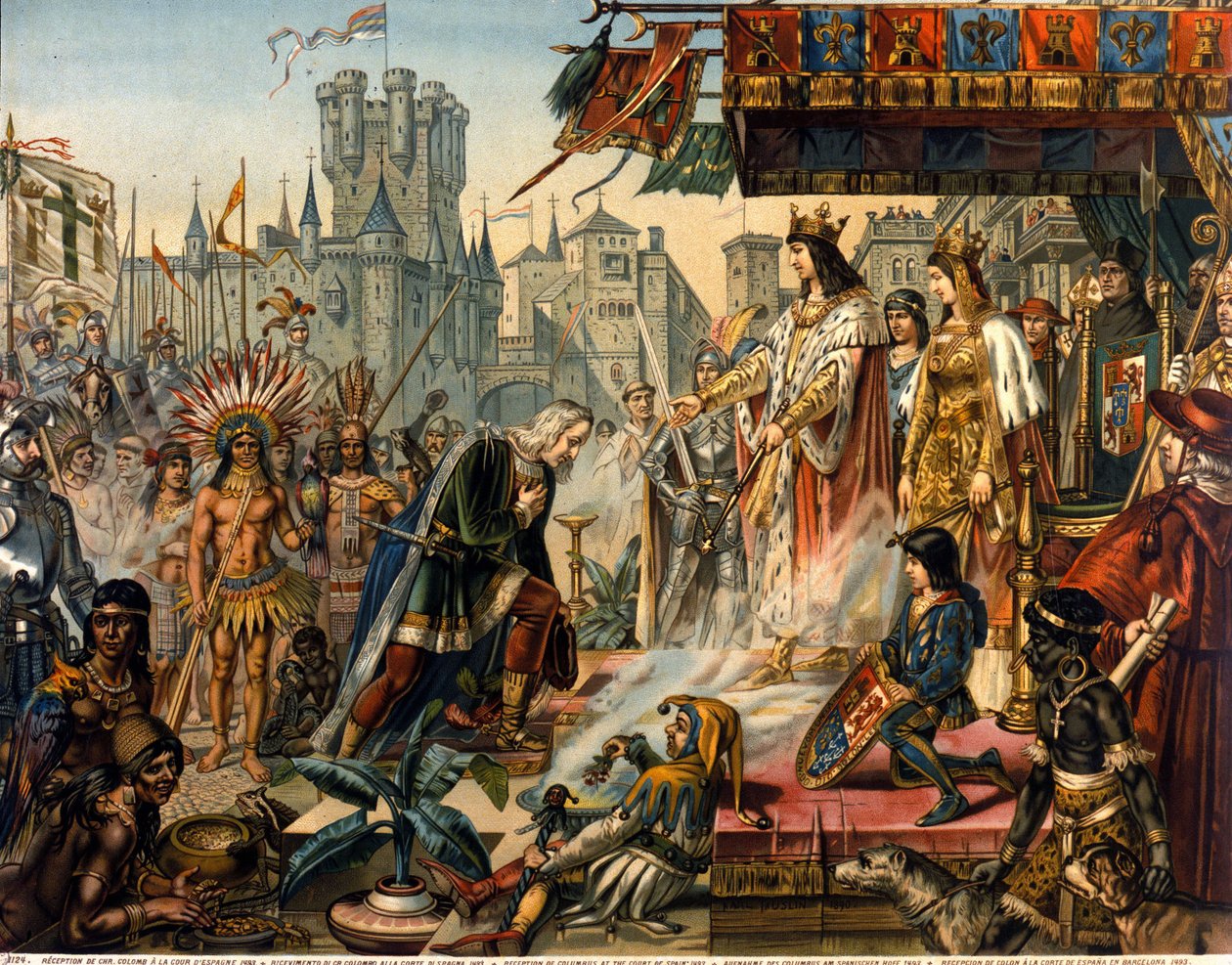 Christopher Columbus återkomst till Spanien före kung Ferdinand II av Aragon och Isabella 1:a av Kastilien (kallad katolik) efter att ha upptäckt Amerika. Gravyr av 1800-talet. av Unknown artist
