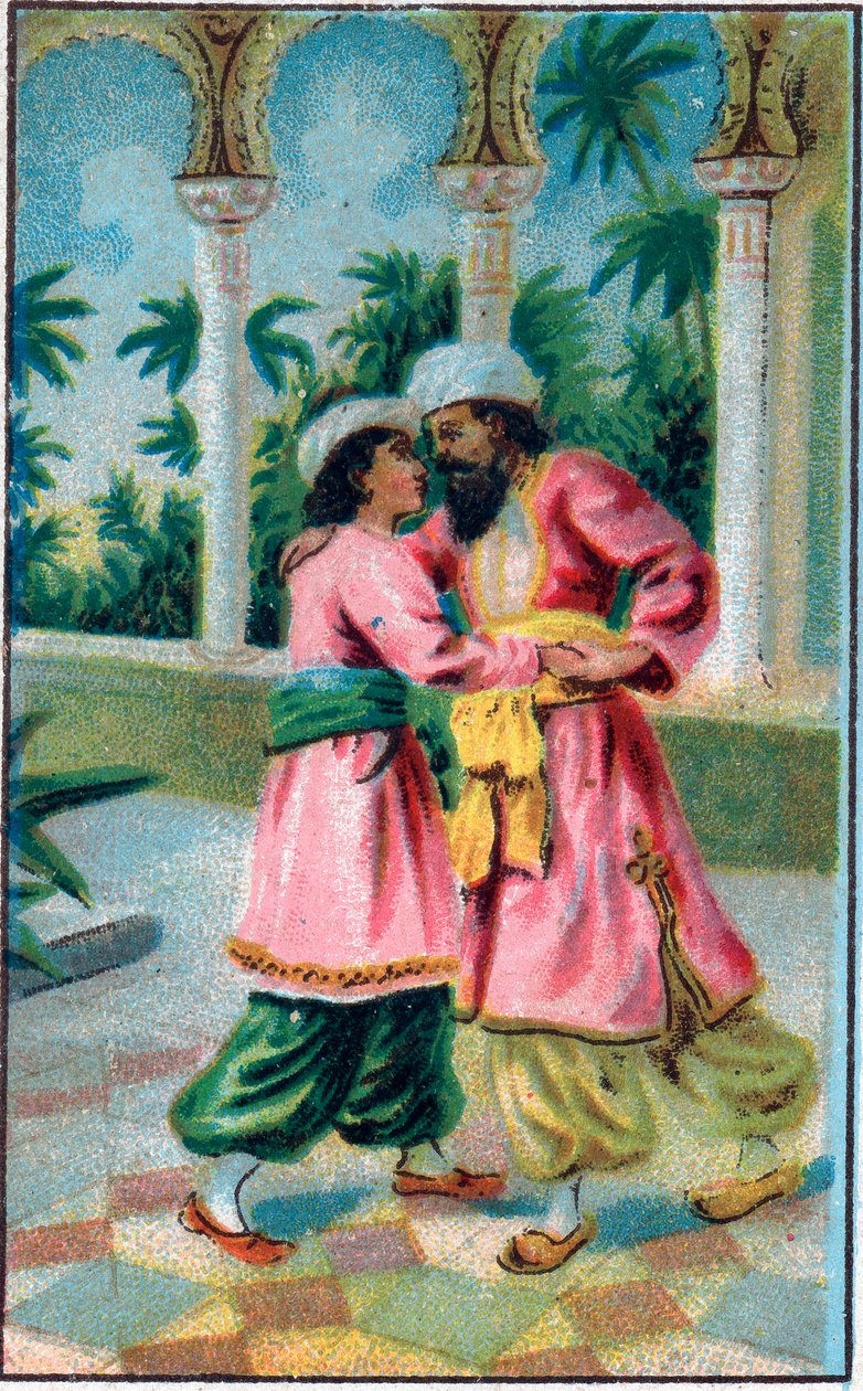 Prinsens återkomst. Saga "" Berättelsen om den förtrollade hästen""" i "" De tusen och en natt""" (de 1001 nätterna eller Le mille e una notte, Arabian Nights). Kromolitografi från slutet av 1800-talet. av Unknown artist