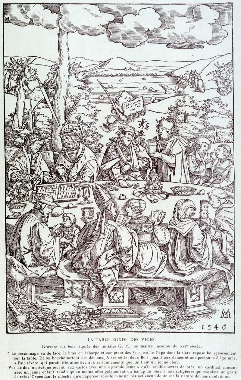 Lastbordets runda bord: lek, girighet, lust, stolthet... - Gravyr 1546 av Unknown artist