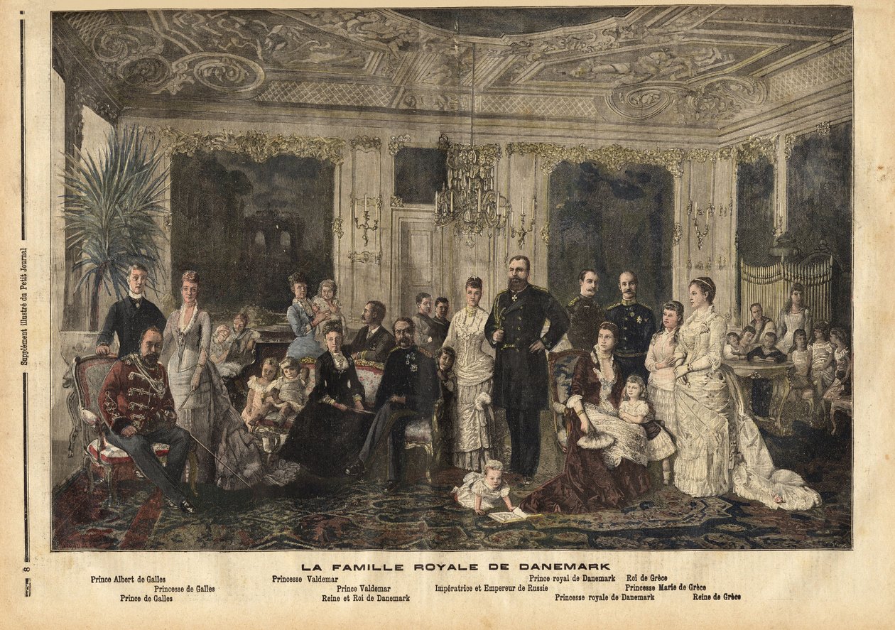 Den danska kungafamiljen, som sitter i centrum, drottning Louise av Hessen-Kassel (1817-1898) och kung Christian IX av Danmark (1818-1906) fick smeknamnet "Europas stilige fader" eftersom han gifte flera av sina barn med arvtagare av den stora kungliga f av Unknown artist
