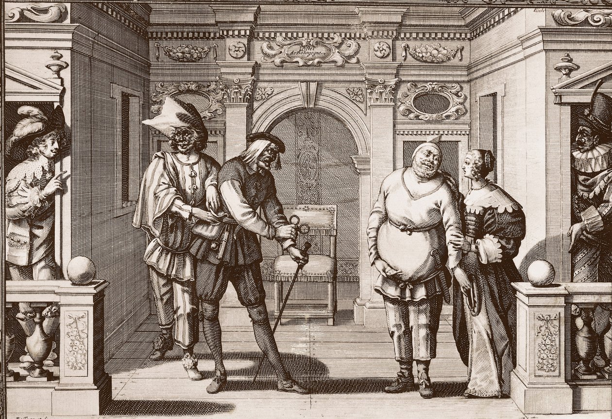 Den kungliga truppen av den italienska komedin på teatern på Hotel de Bourgogne, rue Mauconseil i Paris av Unknown artist