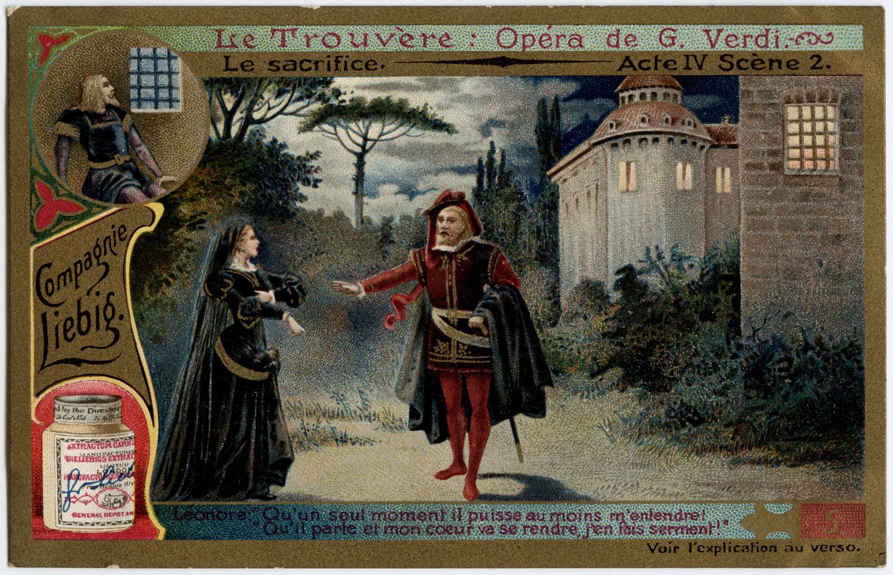 Offerakt IV scen 2. Illustration till operan "" Fyndet"" (Il trovatore) av Giuseppe Verdi (1813-1901). Kromolitografi (Chromo) Liebig från slutet av 1800-talet. av Unknown artist