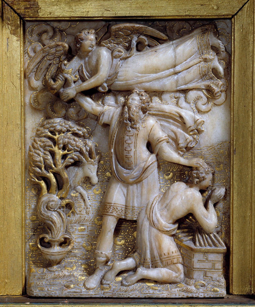 Ängeln Abrahams offer visar sig för Abraham för att säga åt honom att inte offra sin son Isak. Låg relief i elfenbensmedaljong. 1400-talet. Musee Vivenel, Compiegne av Unknown artist