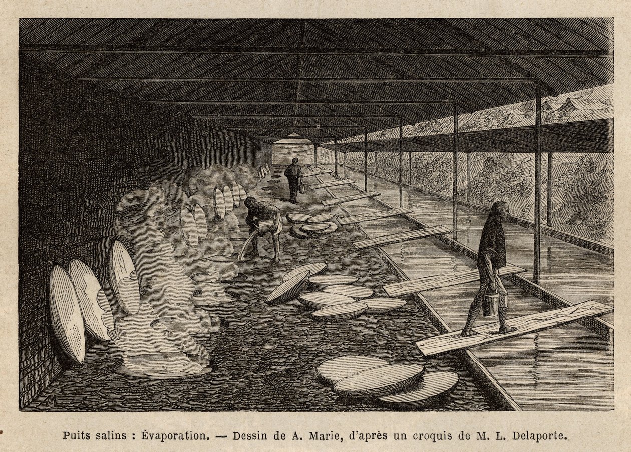 Saltbrunnarna i Ho-Boung (Ho Boung), de öppna gallerierna på bergssidan, 20 meter djupa, stöds av träramar, vattnet förs av bambukanaler in i marmortråg, var och en motsvarar en ugn, där saltvatten är koncentrerad för av Unknown artist