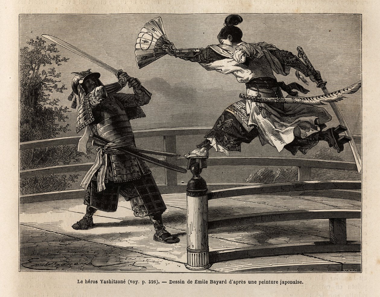 Samurajen Yashitsune i balans på barriären av en bro, attackerar en samuraj i rustning. Gravyr för att illustrera resan till Japan, 1863-1864, av Aime Humbert, minister för Schweiziska edsförbundet, i "" Le tour du monde, nouveau journal des voyages" av Unknown artist