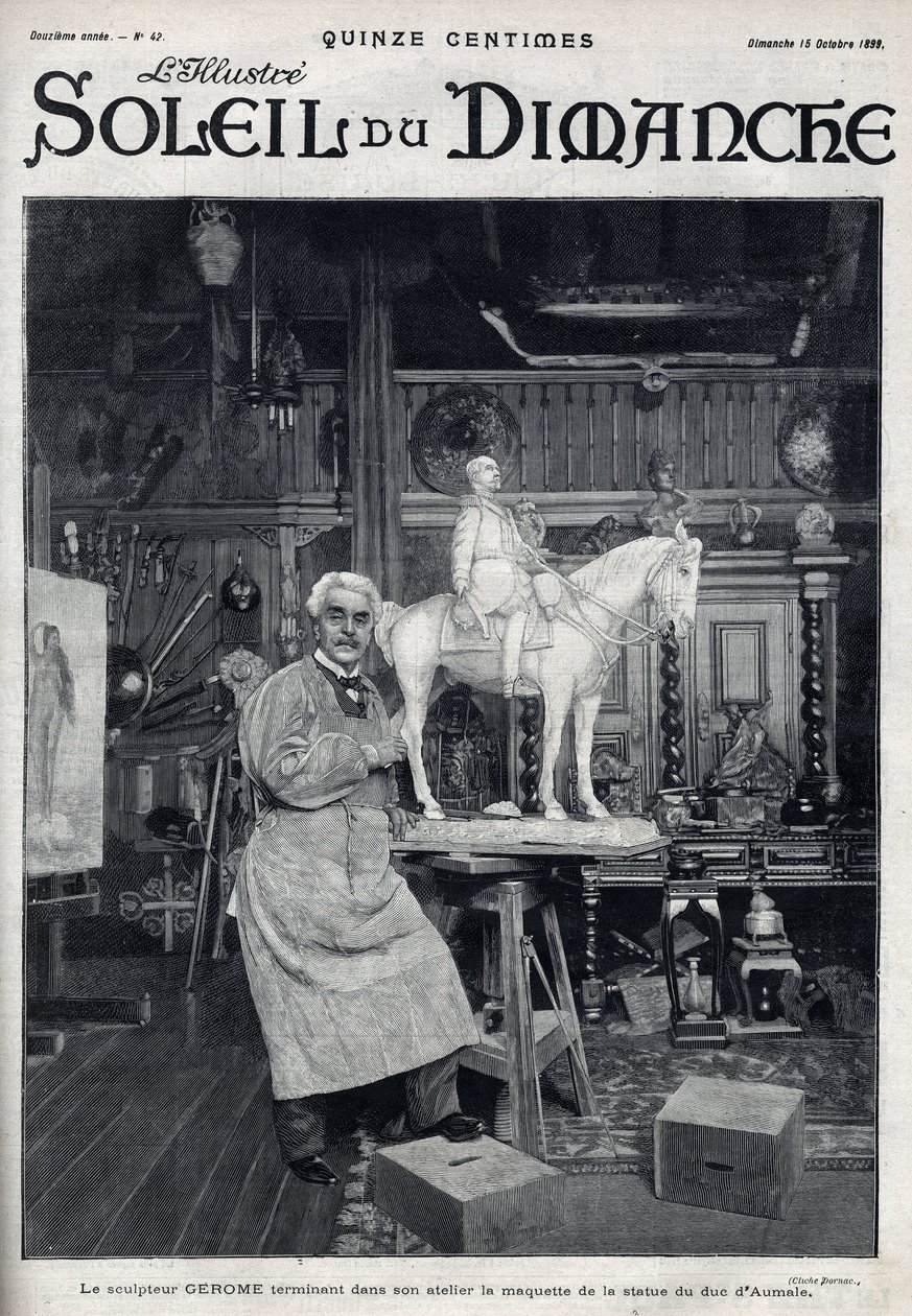 Skulptören Jean Leon (Jean-Leon) Gerome (1824-1904) avslutar i sin ateljé modellen av statyn av hertigen av Aumale - Gravyr i "" Le sun-du-dimanche"", 15 oktober av Unknown artist