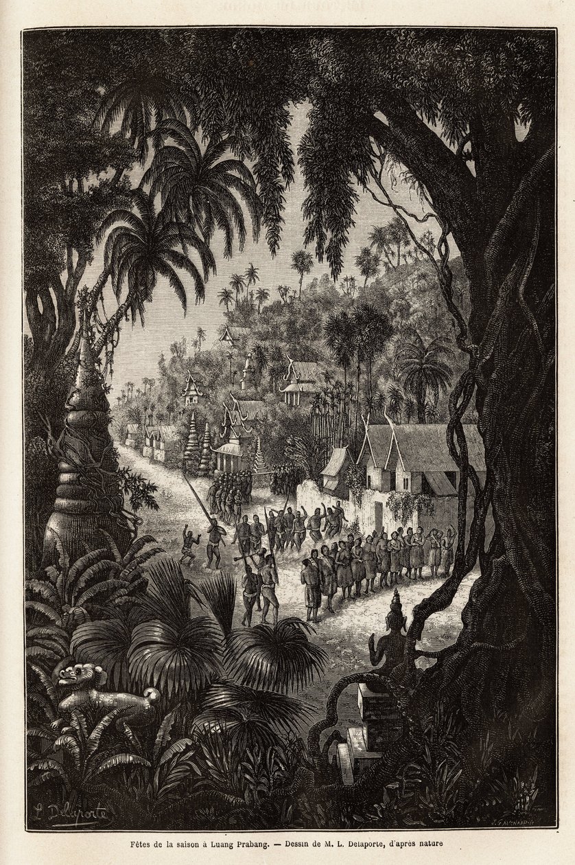 Säsongsfirandet i Luang Prabang, kunglig huvudstad i Lan Xang (miljonelefanternas rike) (dagens Laos), bestående av en procession av invånarna och en pagod för tillbedjan i hela staden. Gravyr för att illustrera en upptäcktsresa av Unknown artist