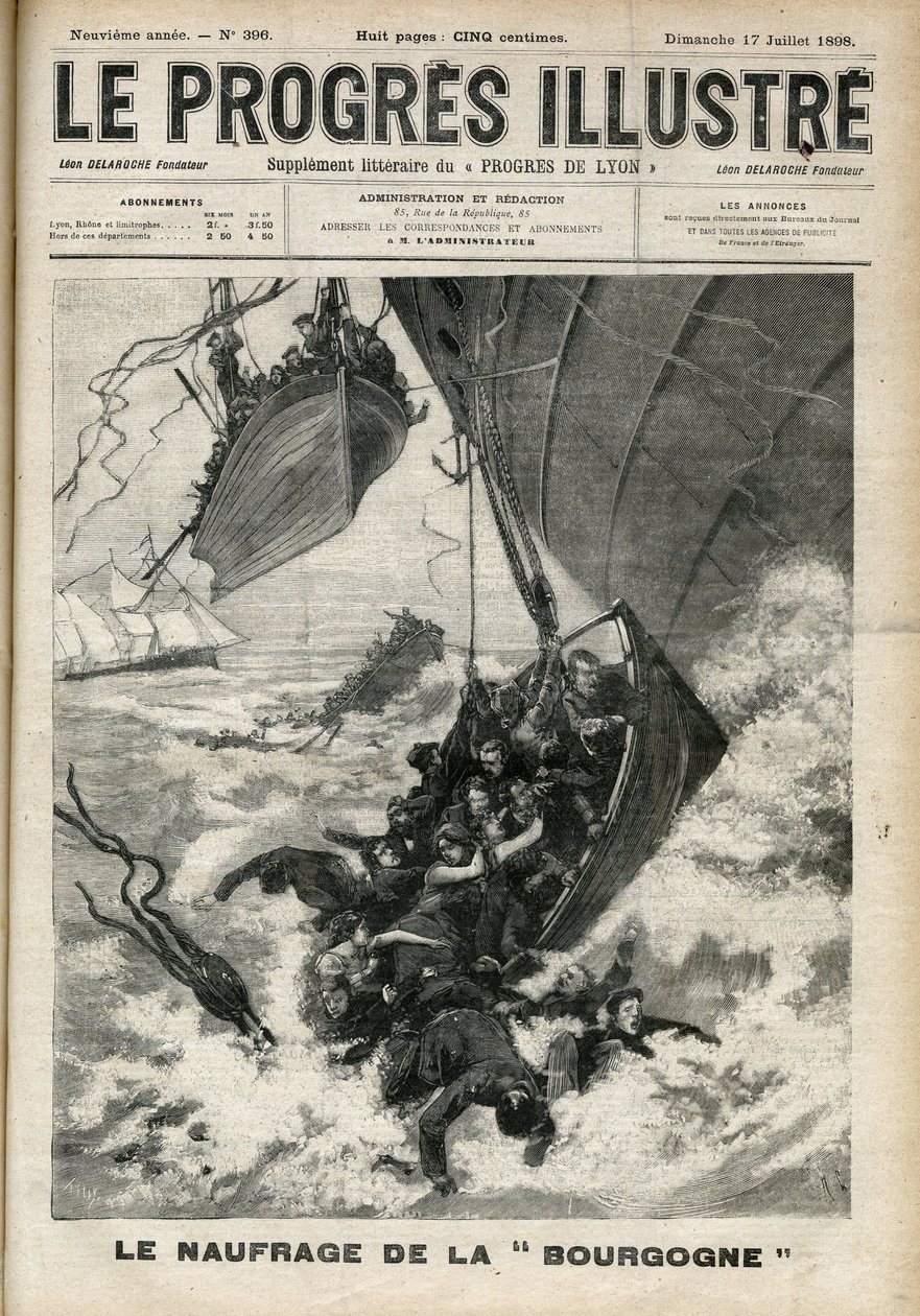 Transatlantens skeppsbrott "Bourgogne"-gravyren i "The illustrious progress"" från juli 1898. av Unknown artist