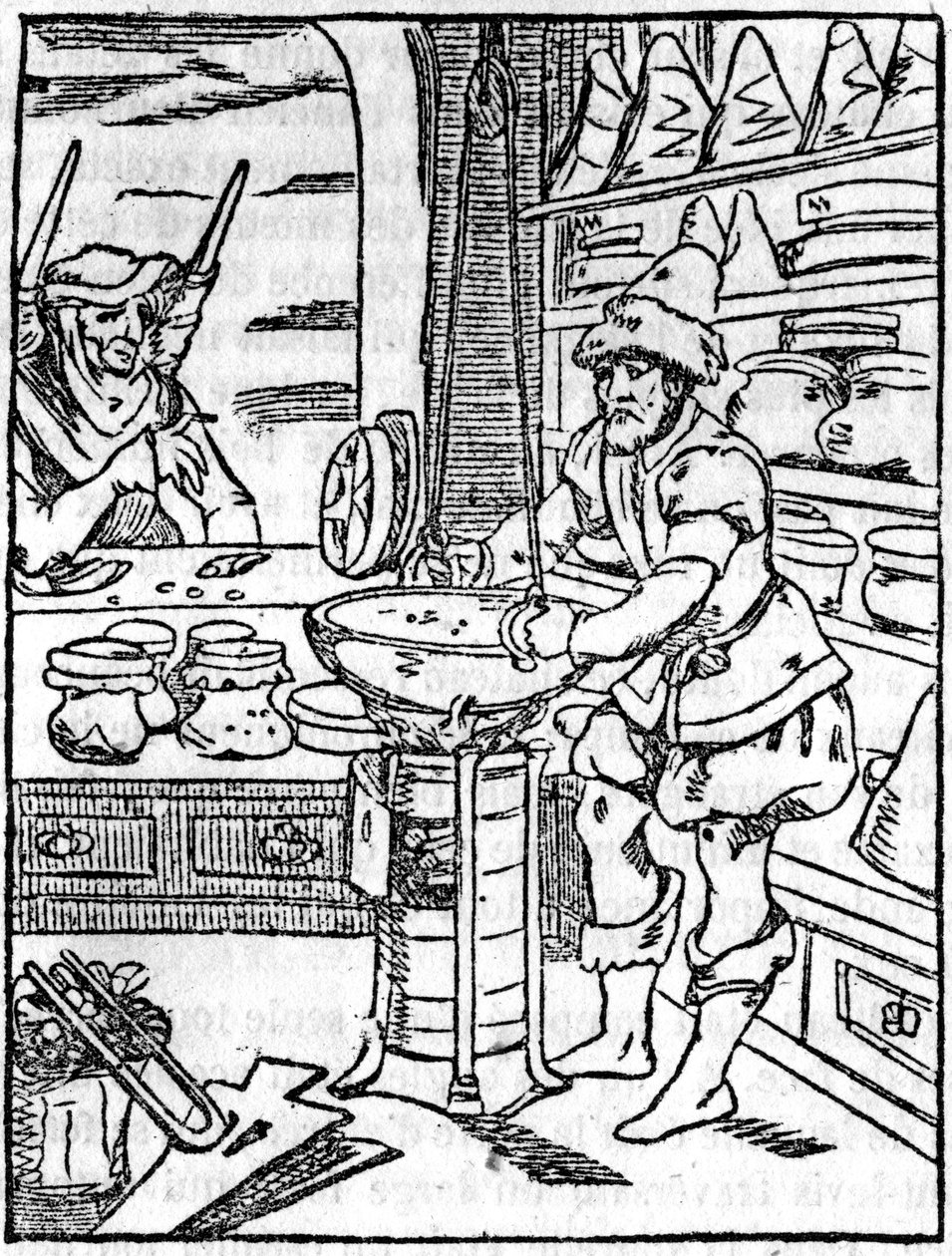 Apotekarens butik och salvor och trolldryckers butik på 1500-talet, frisören tar hand om en kunds hår - I "" Den pittoreska butiken"" 1836 av Unknown artist
