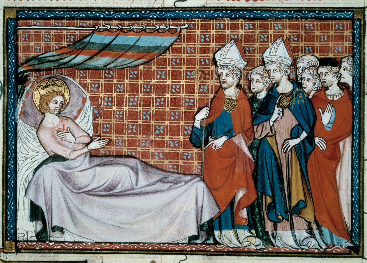 Den sjuke kungen av Frankrike Saint Louis (Louis IX) (1214-1270) tilltalar sina släktingar och prästerskapet. Miniatyr från ett manuskript "Life and Miracles of Saint Louis" av William av Saint Pathus av Unknown artist