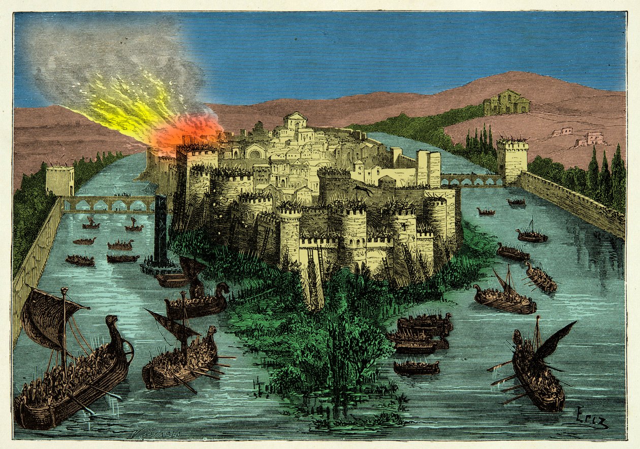 Belägringen av Paris 845 av vikingarna med Ragnar Lodbrok i spetsen, Gravyr 1800-talet av Unknown artist