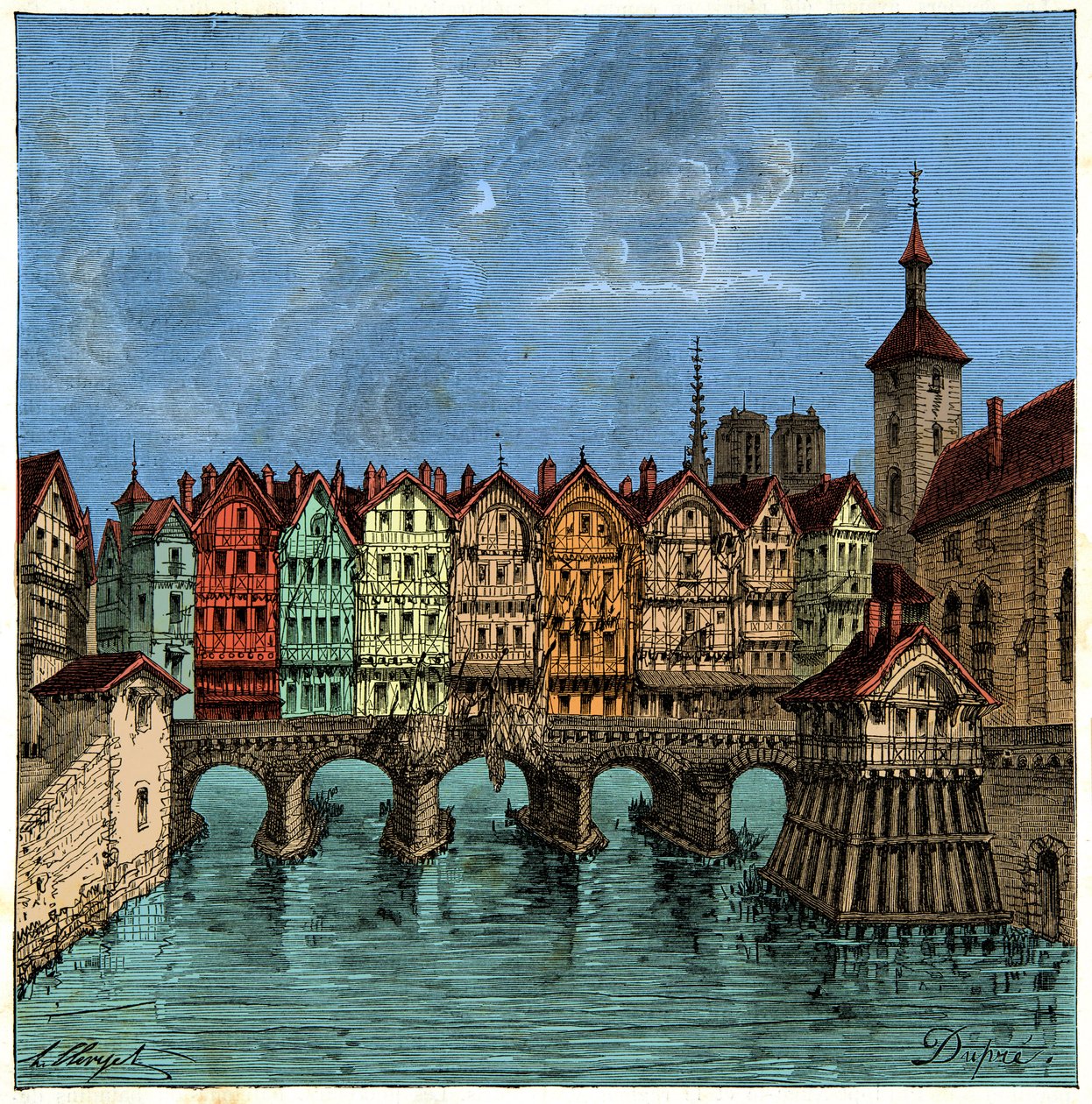 Den lilla bron som senare var Pont au Change i Paris under medeltiden, gravyr 1800-talet av Unknown artist