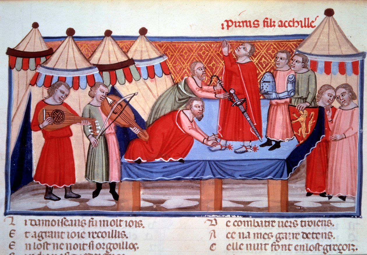 Uppmjukningen av Pyrrhus, Akilles son. Miniatyr tagen från "" Le roman de Troie"" av Benoit de Sainte-Maure (slutet av 1100-talet), skapade en normandisk poet omkring 1160-1170 för Alienor d
