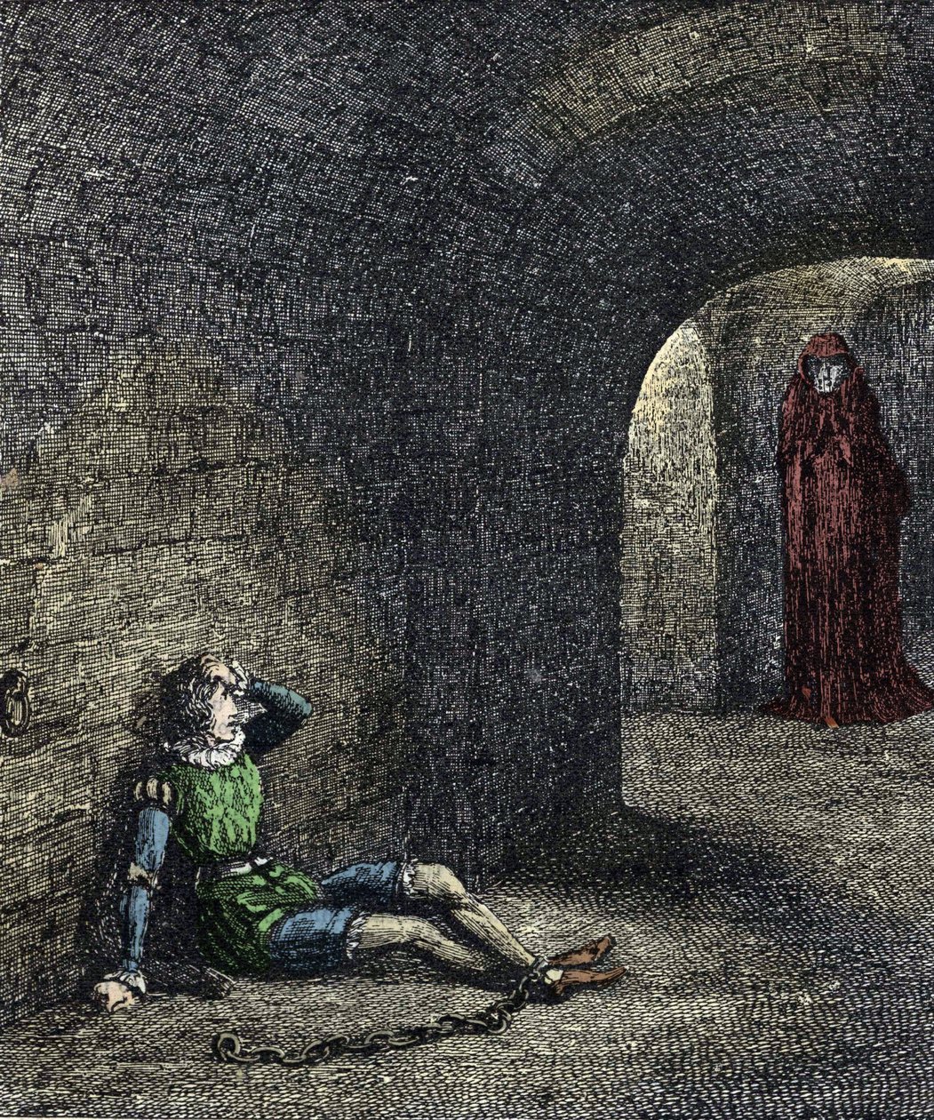 Tornets spöke Fångskedjorna i en fängelsehåla ser ett spöke framför sig. Illustration för "" The tower of london"" av William Harrison Ainsworth 1800-talet av Unknown artist