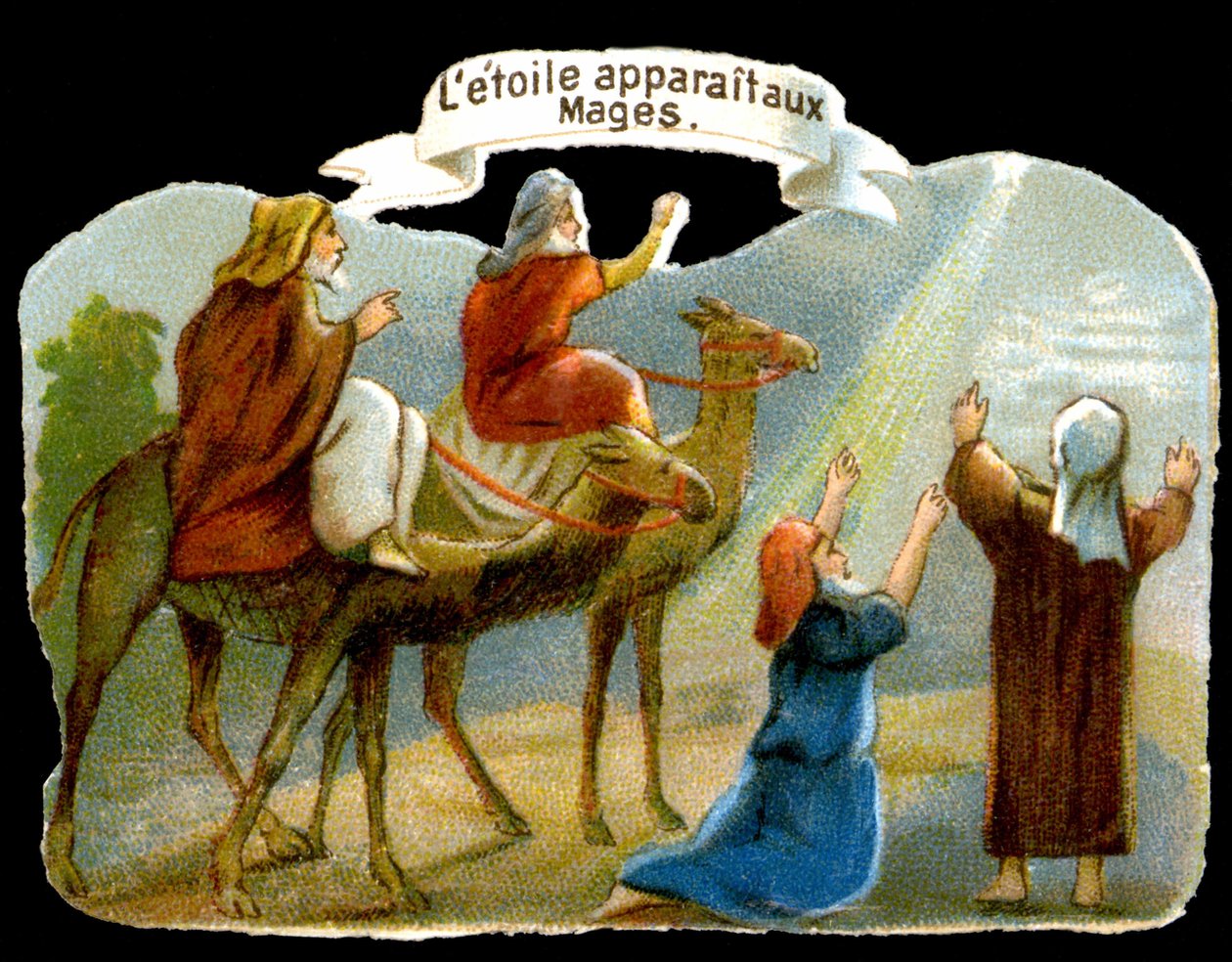 Stjärnan dyker upp för magierna för att vägleda dem till Kristus. 1800-talets kromolitografi. av Unknown artist