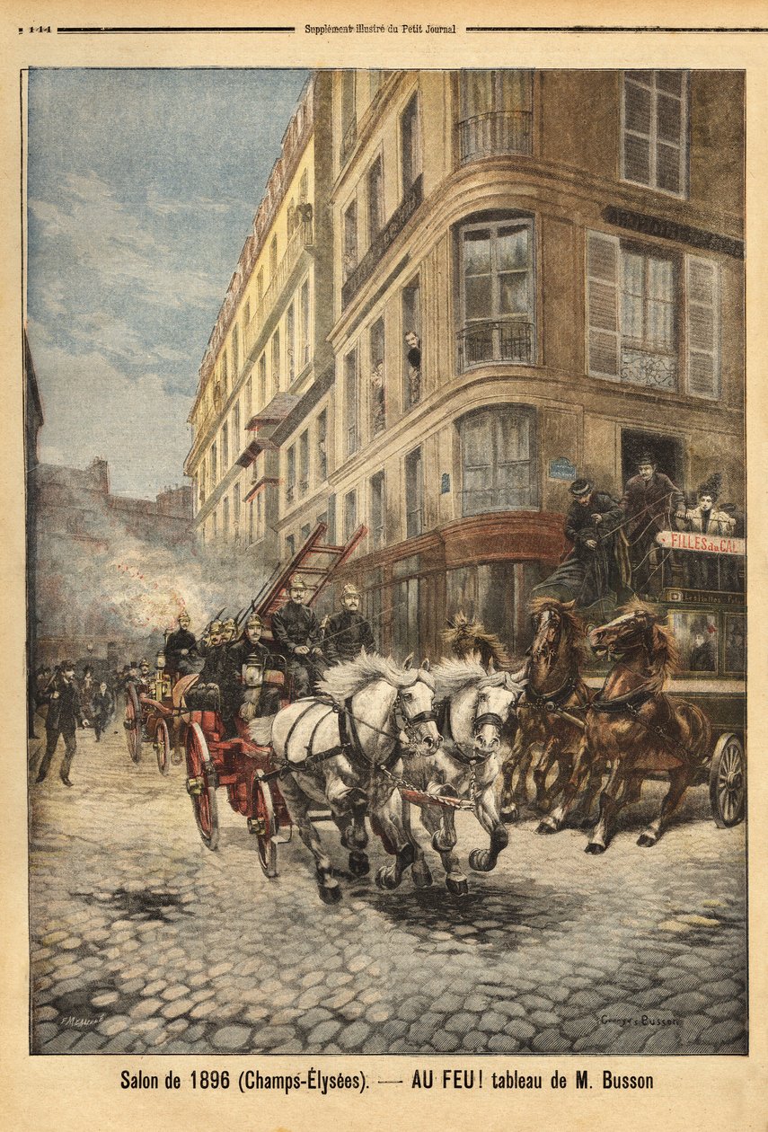 Ångpumpen och fordonen från brandmännen i Paris, enligt en målning av Mr. Busson. Gravyr i "" Le petit journal"" 1896-05-03. Selvas samling. av Unknown artist