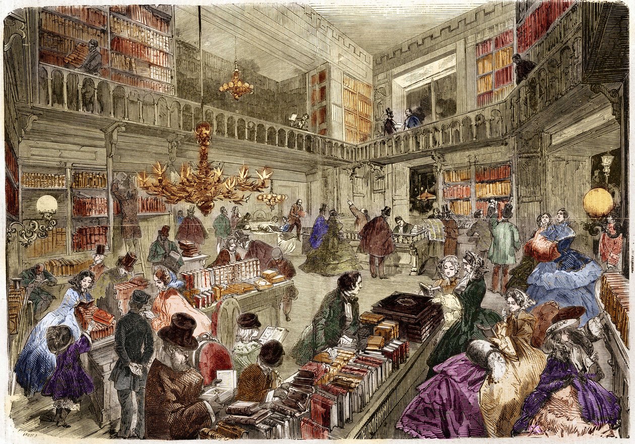 Butiken för bokhandeln Nouvelle, boulevard des italiens i Paris 1860. av Unknown artist