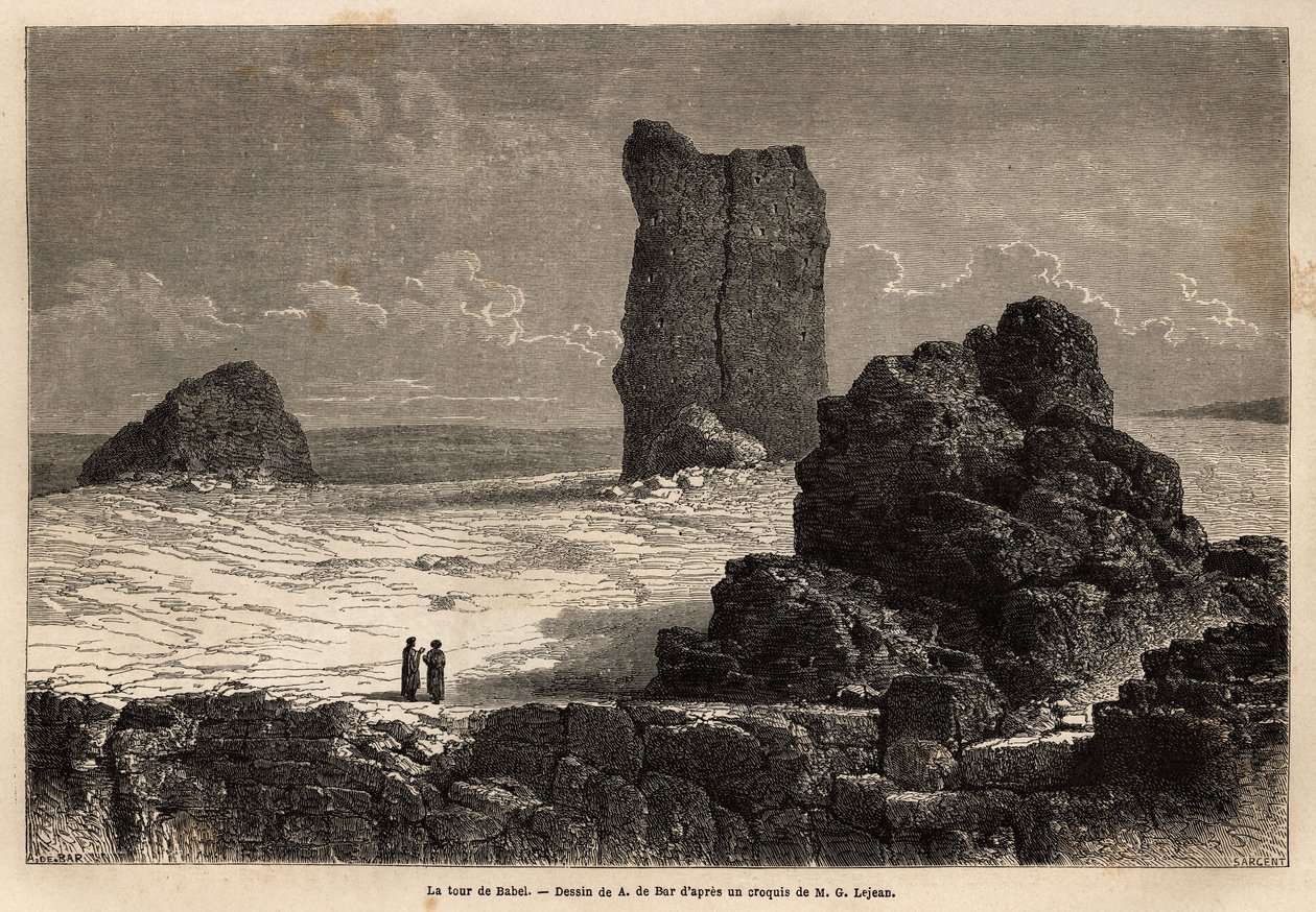 Ruinerna av Birs Nimroud med skyltfönster, som turistsamhället i Bagdad (Irak) vid den tiden identifierar som Babels mytomspunna torn. Engravure pour illustrrer le voyage dans la Babylon, en 1866, av Guillaume Lejean, i "Le tour du monde, nouveau j av Unknown artist