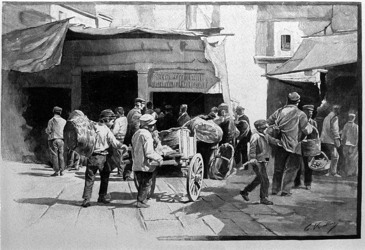 Gatuförsäljarna och promenaden i distriktet Vuccirla i Palermo Sicilien Gravyr från 1800-talet av Unknown artist
