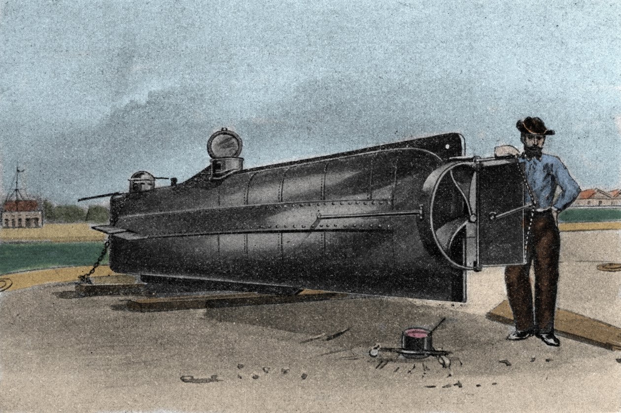 Ubåten (ubåten) CSS H. L. Hunley som användes av Confederate States Navy under avskiljningskriget. 1861-1865 Gravyr av 1800-talet av Unknown artist