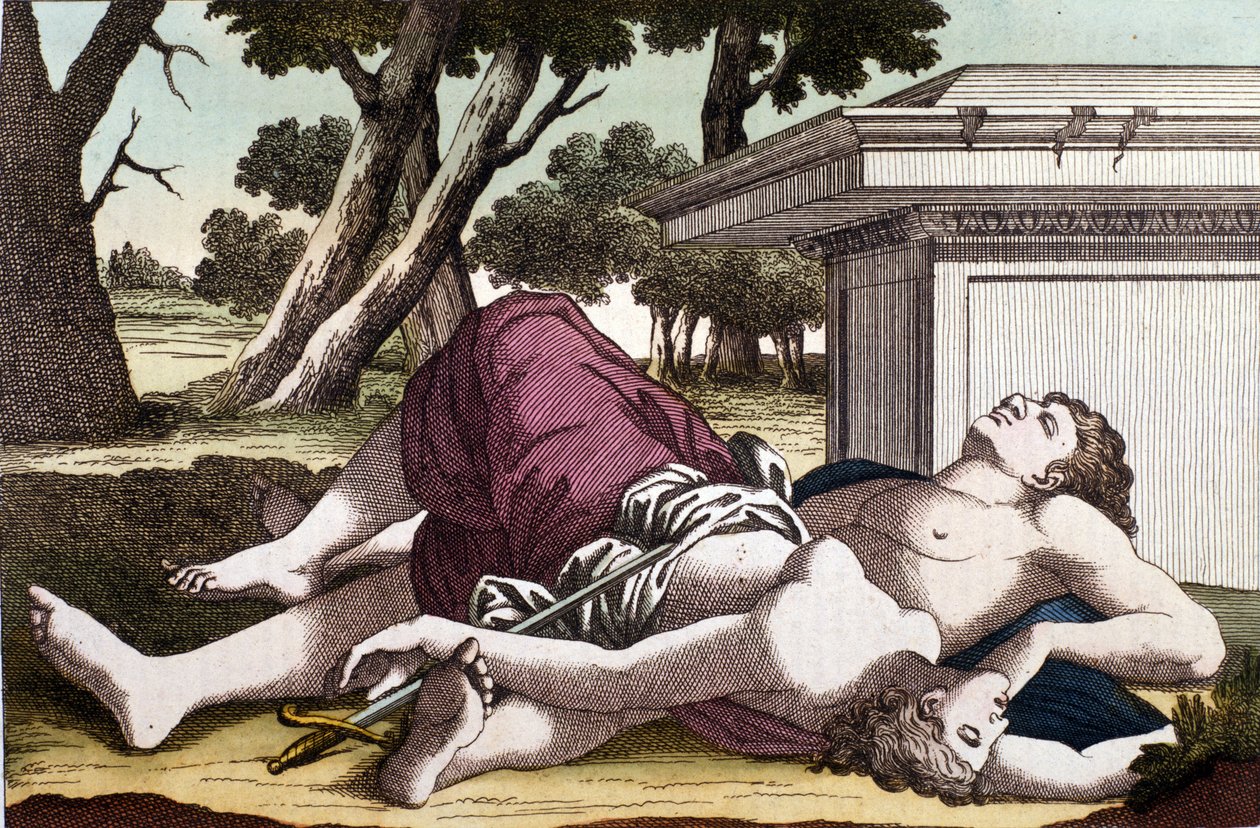 Pyramus (Pirames) självmord under muriern och Thisbes död. Övertygad om att lejoninnan hade ätit Thisbe, gav Pyramus sig själv döden och täckte de vita sederna med sitt blod. Thisbe, som gömmer sig för att undkomma lejonet, finner sin kärlek död och självm av Unknown artist