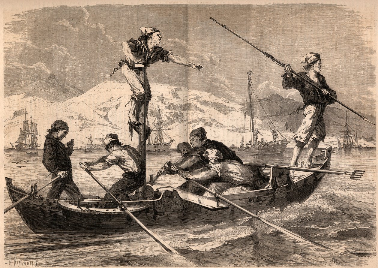 Svärdfisken harpunfiske (pesce spada, svärdfisk) på Siciliens kust i Italien 1862. Gravyr i "Le Monde illustrious"" från 1862. Privat samling. av Unknown artist
