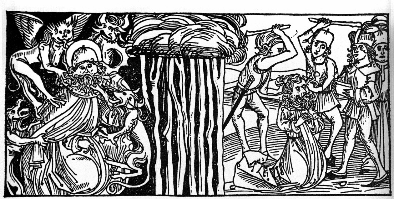 Frestelserna av Sankt Antonius den Store (eller Sankt Antonius Eremiten eller Sankt Antonius Abbe), och till höger hans martyrskap efter. Gravyr från "Leben der Heiligen - sommerteil" (Helgonets bok) av Jacobus (James) av Voragine (1228-1298). L av Unknown artist