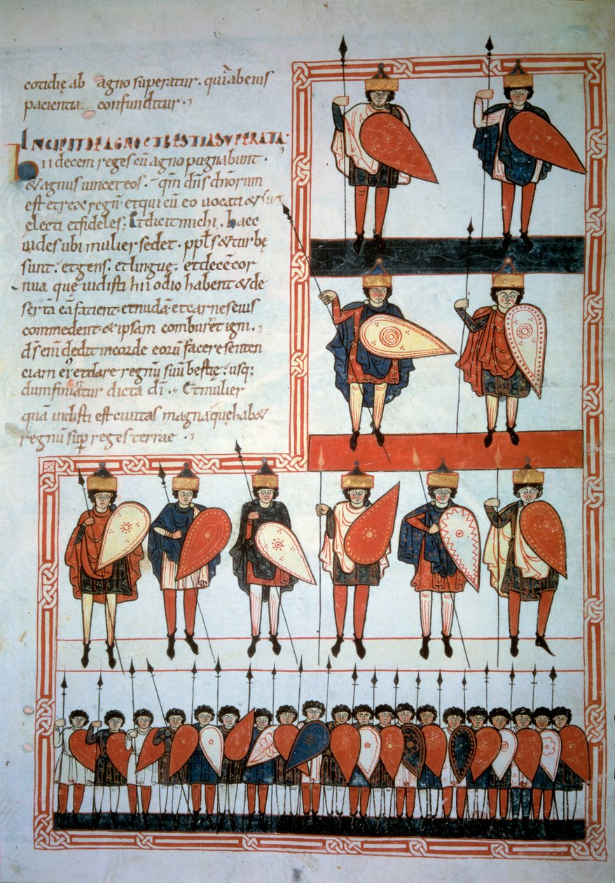 Apokalypsens tio kungar vapen av spjut och sköldar med sina trupper. Miniatyr i "" Beatus de Liebana, Commentary on the Apocalypse"" (Folio 193), av Stephanus Garcia av Unknown artist