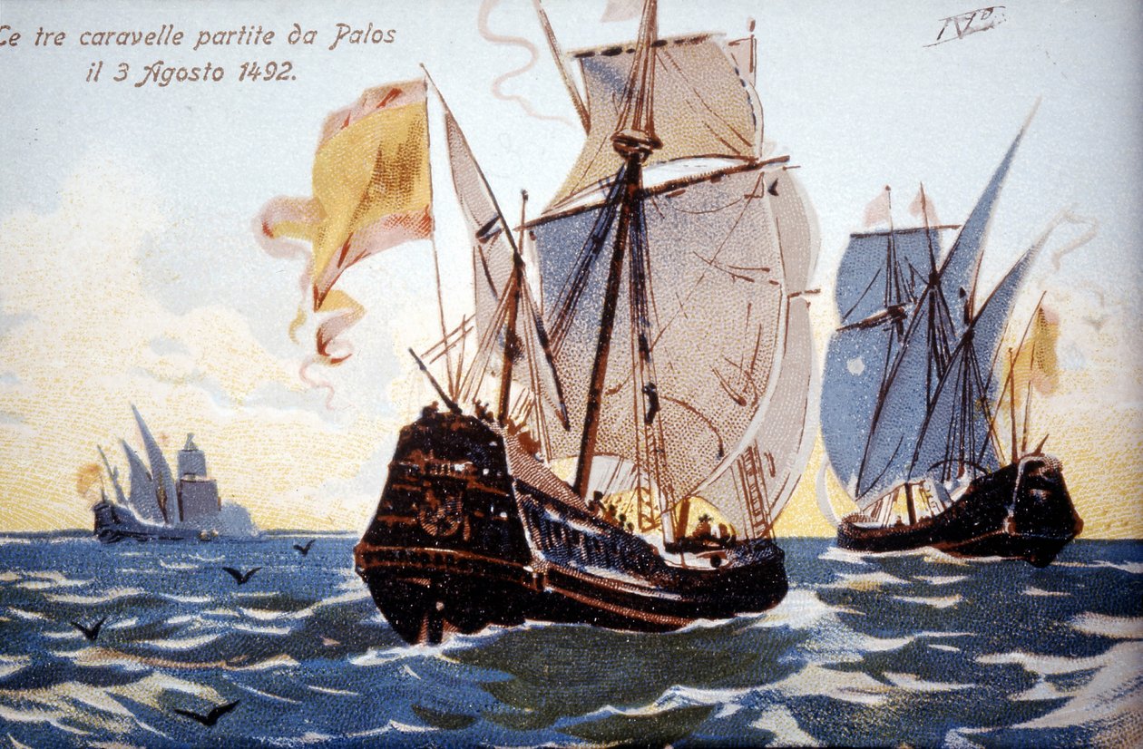 De tre karavellerna i Columbus lämnar Palos den 3/08/1492. av Unknown artist
