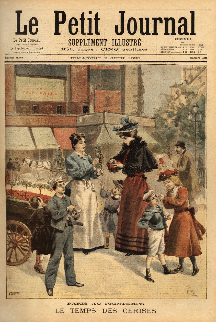 Tiden för körsbär, promenader köpman på gatorna i Paris. Gravyr i "" Le petit journal"" 1895-06-09. Selvas samling. av Unknown artist