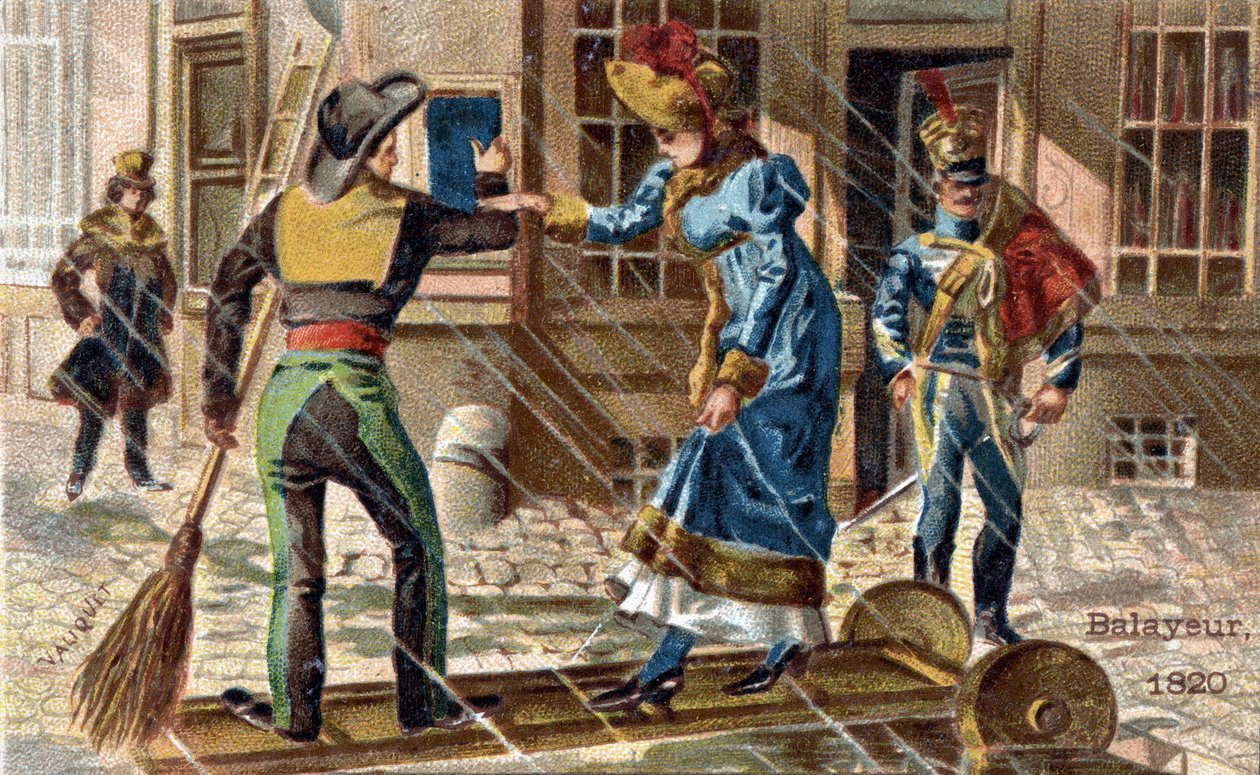 Handeln med sopmaskin 1820: en sopmaskin som hjälper en ung kvinna att korsa en pöl. av Unknown artist