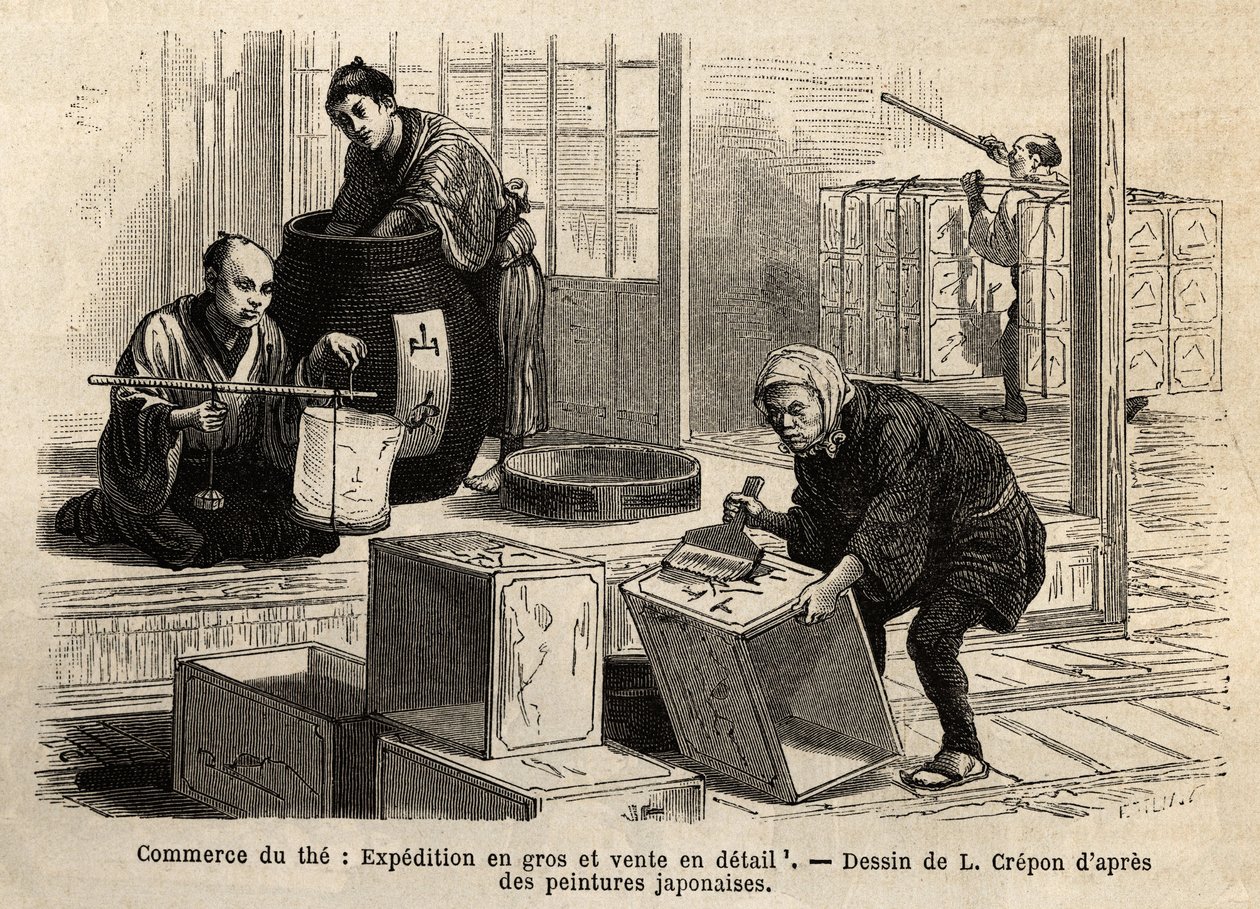 Handeln med te: grossist- och detaljhandelsfrakt. Gravyr för att illustrera resan till Japan, av Aime Humbert, minister för Schweiziska edsförbundet, 1863-1864, publicerad i "" Le tour du monde""" 1869, redigerad av Edouard Charton, upplaga Hachette, Par av Unknown artist