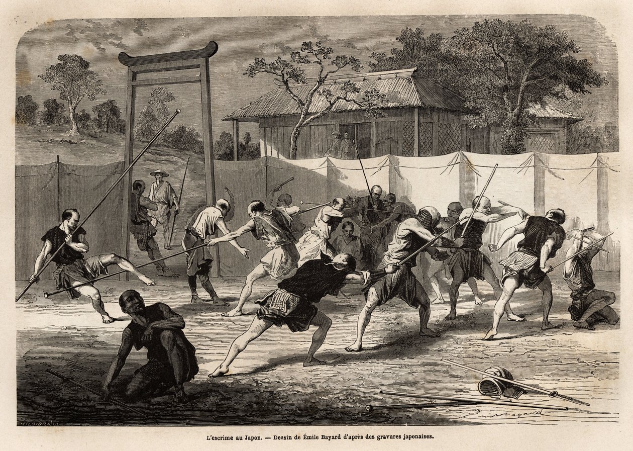 Träning av japanska krigare i strid med svärd och spjut, i en slags arena omgiven av sträckt duk. Gravyr för att illustrera resan till Japan, 1863-1864, av Aime Humbert, minister för Schweiziska edsförbundet, i "" Le tour du monde, nouveau av Unknown artist