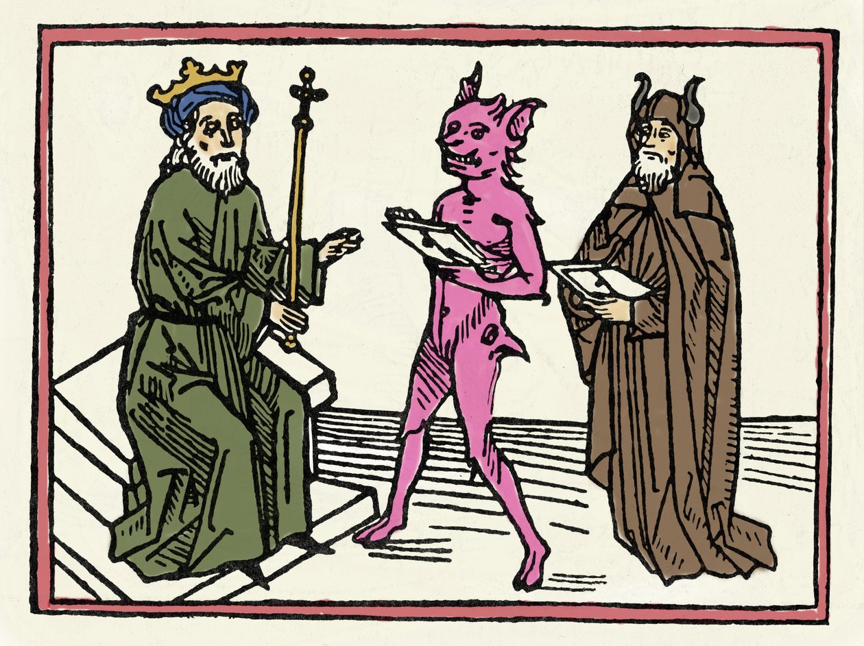 Rättegången mot Belial: "Demon Belial presenterar sina referenser till domare Solomon" "Gravering från "The trial of Belial"" av Jacobus de Teramo (eller Palladino), Ausburg av Unknown artist