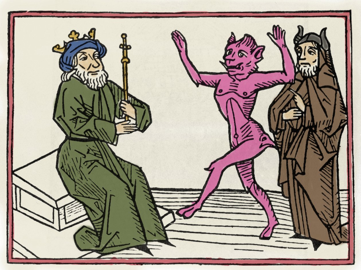 Rättegången mot Belial: "" Demonen Belial dansar inför domaren Solomon""" Gravyr från "The trial of Belial"" av Jacobus de Teramo (eller Palladino), Ausburg av Unknown artist