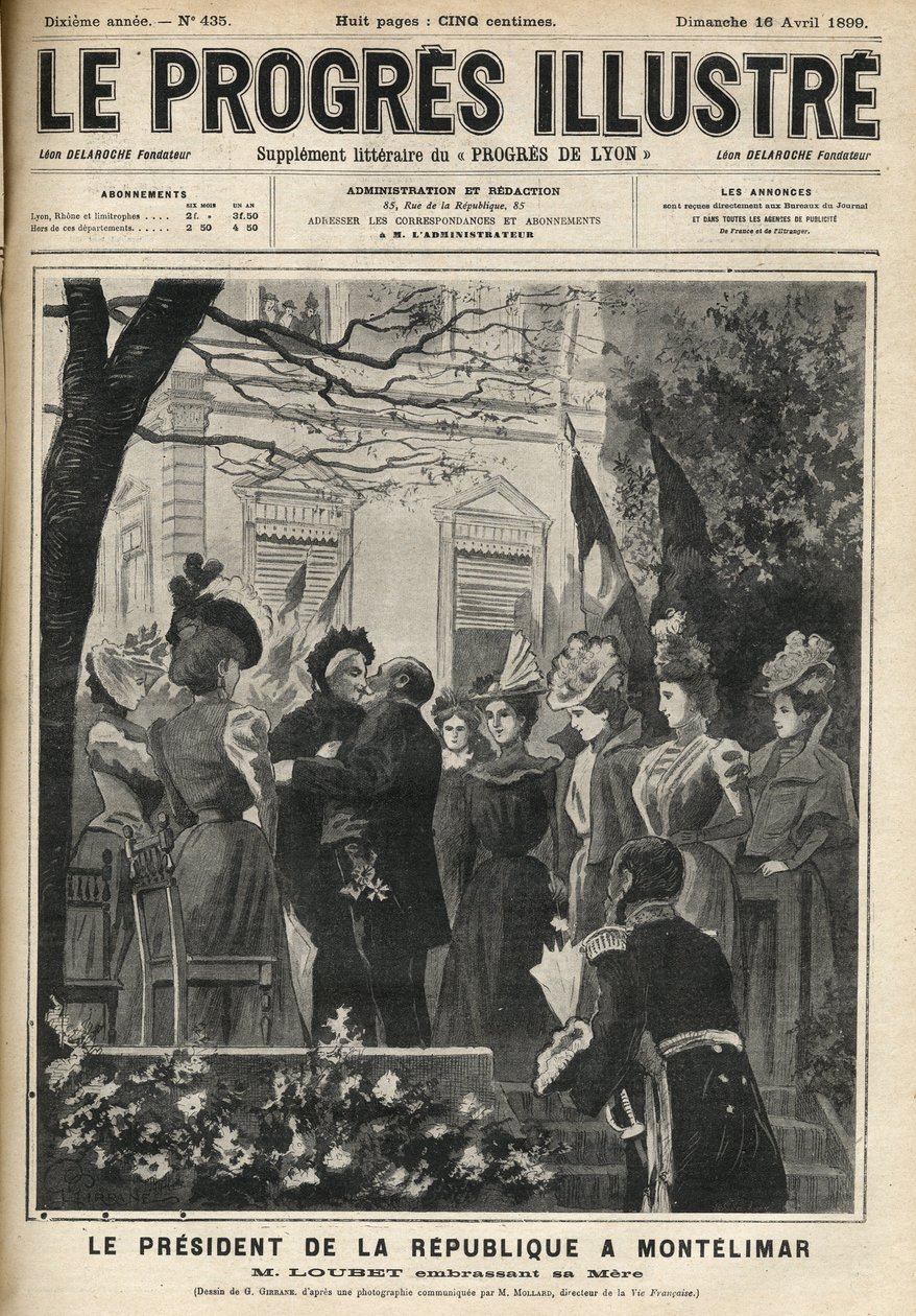Republikens presidents resa till Montelimar (Drome, Frankrike): Emile Loubet (1838-1929) och hans mor. Gravyr i "The illustrious progress"" från april 1899. av Unknown artist