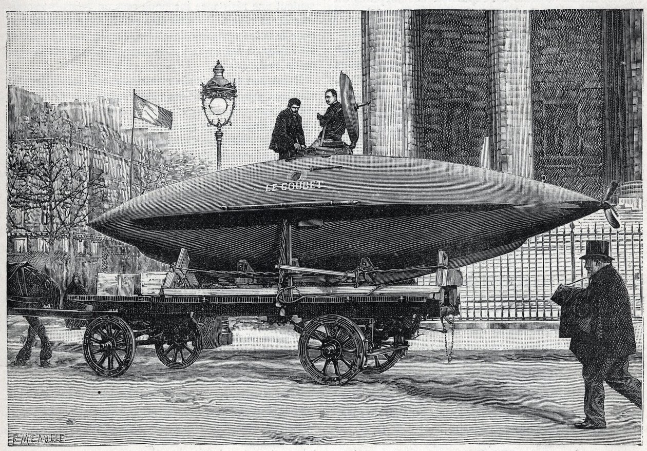Undervattensbåten (ubåten) "" Le Goubet"", transporterar för experiment, passerar Place de la Madeleine i Paris. Gravyr i "" La Nature"" av Unknown artist