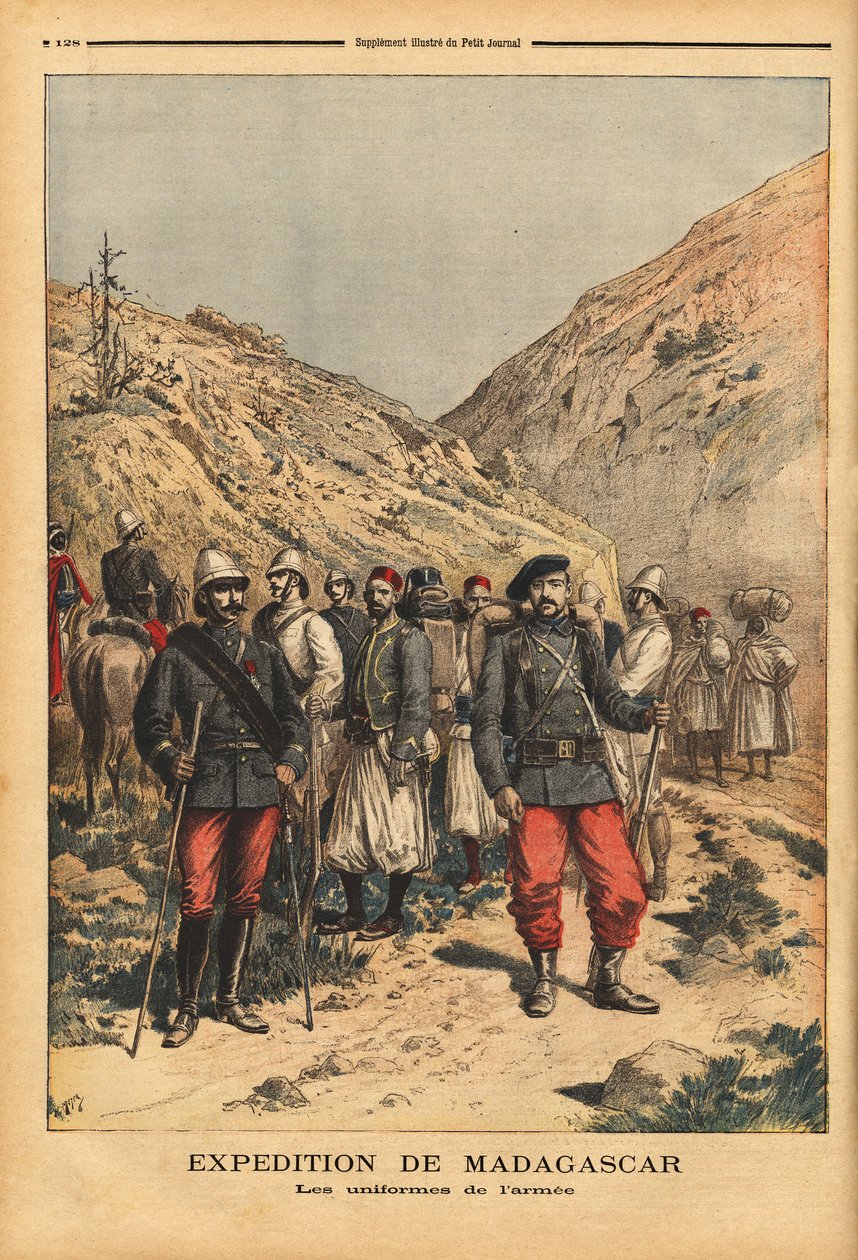 Arméns uniformer, en kampanjdräkt för expeditionen från Madagaskar. Gravyr i "" Le petit journal"" 1895-04-21. Selvas samling. av Unknown artist