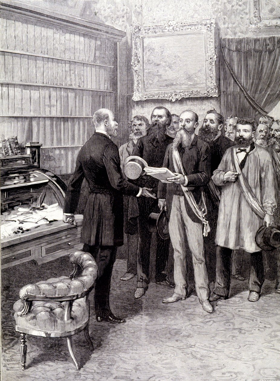 Arbetardelegaternas besök i Palais Bourbon (Jules Guesde, Ferroul, Baudin och Thivrier) hos ordförandeskapets generalsekreterare: Martin, under demonstrationen den 1 maj av Unknown artist