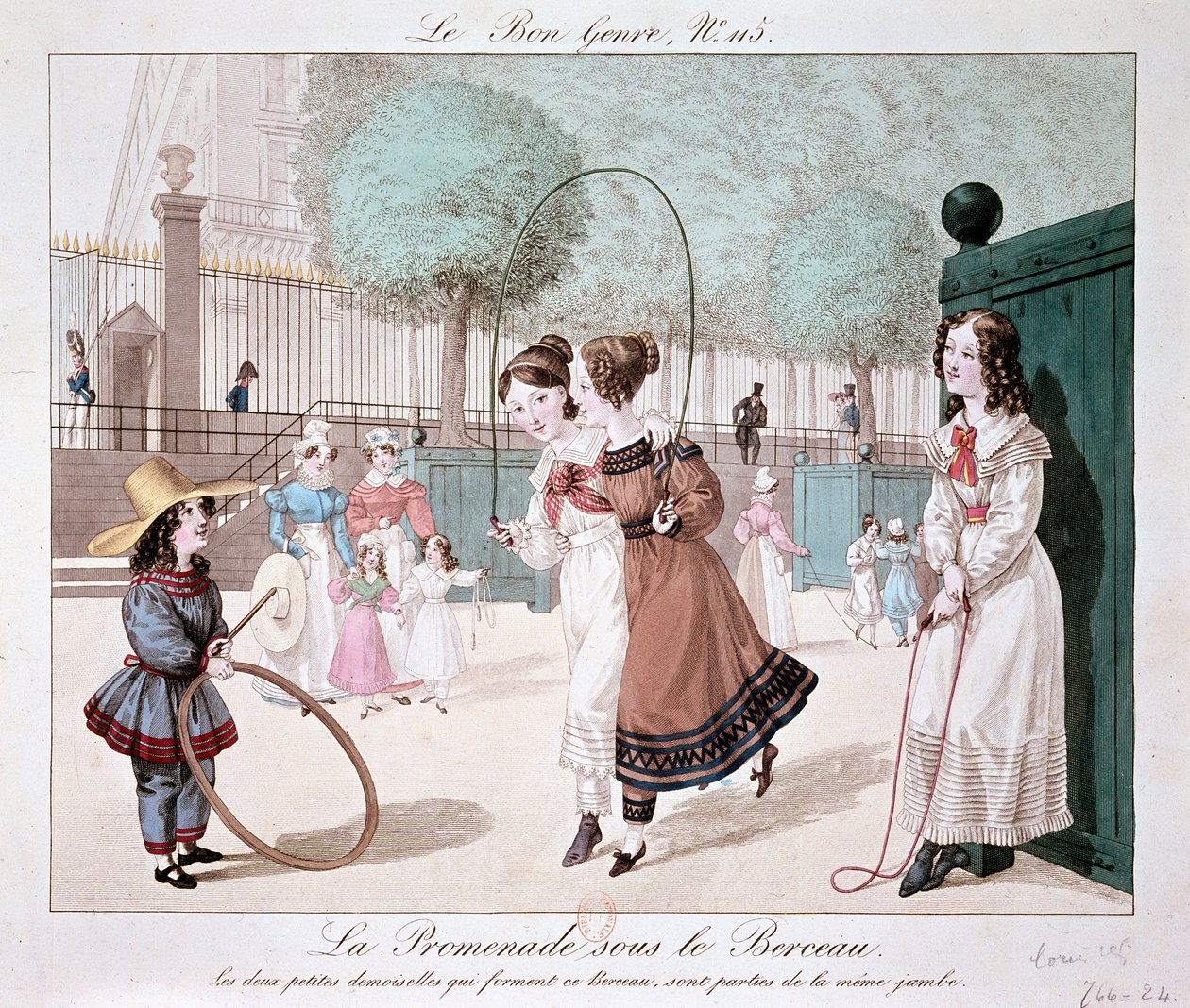Vandringen under vaggan: De två små damerna som bildar denna vagga är från samma ben (Jardin des Tuileries), ca. 1840 av Unknown artist