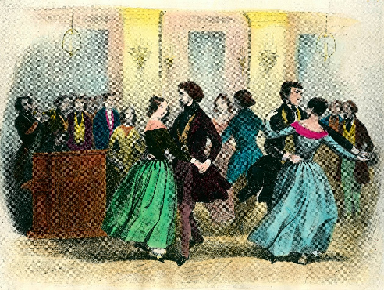 Valsen: en boll i medelklassen. 1800-tals litografi. av Unknown artist