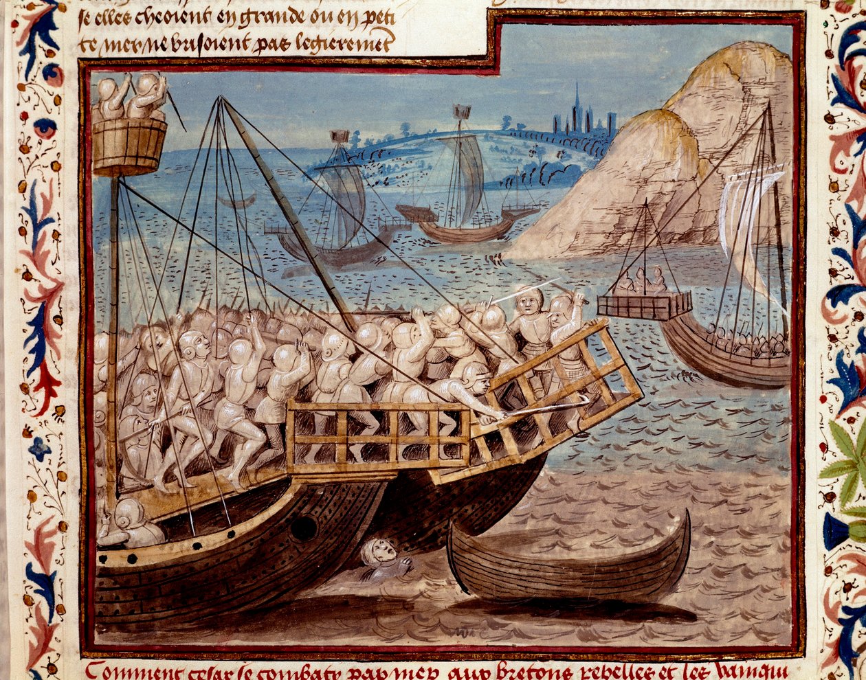 Gallernas krig: "" Barkningen av Jules Cesars trupper och segern över bretonerna""" Miniatyr hämtad från "" The Facts of the Romans"" (eller Li Fet of the Romans), sammanställd av Saluste och Suetoine och Lucan. 1480 (ms. 1055, fol. 54 av Unknown artist