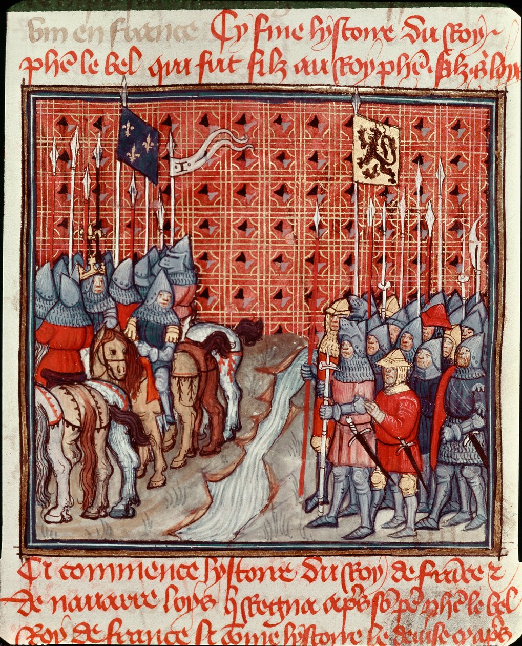 Filip IV the Bels (1268-1314) vapen på stranden av en flod möter en fiende miniatyrarmé från "" Les grandes chronicles de France"" Chantilly från 1300-talet, Musee Conde av Unknown artist