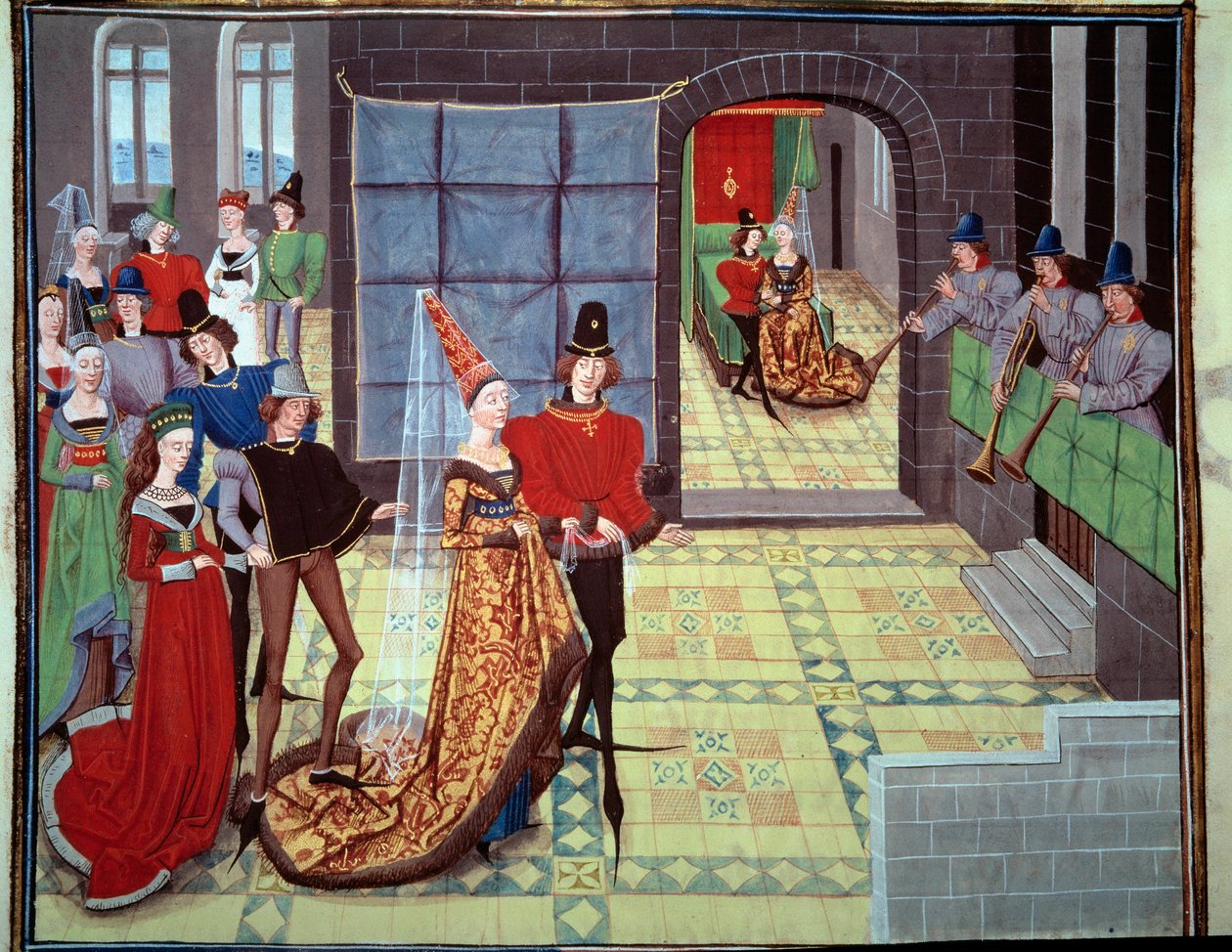 Renauds och Clarisses bröllop, i bakgrunden på bröllopsnatten. Miniatyr från manuskriptet "Renaud de Montauban" eller "Les quatre fils Aymon" av Loyset Liedet (aktiv mellan 1448 och 1478). Ms. 5073. 1400-talets Bibliotheque de l