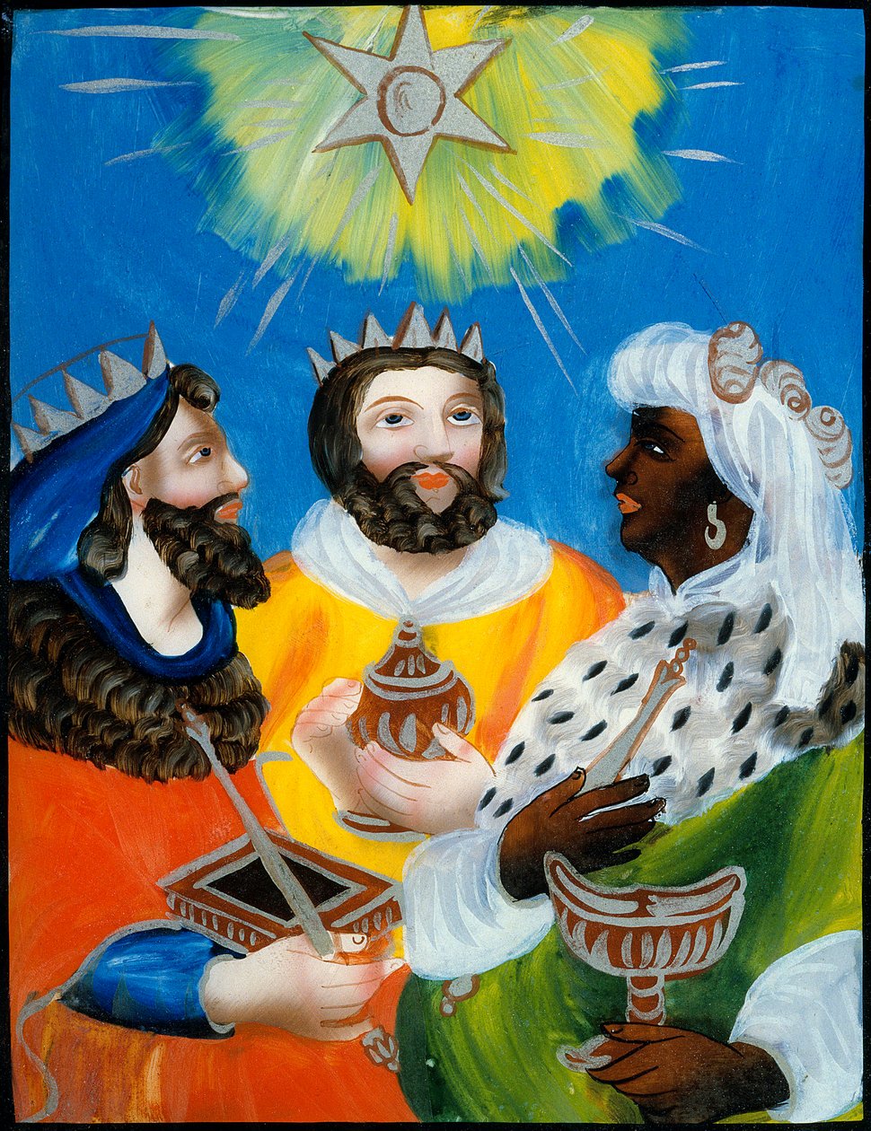 De vise männen Balthazar, Melchior, Gaspard Glasmålning eller anonym fixad. 1800-talet. Paris. Populärt konst- och traditionsmuseum av Unknown artist